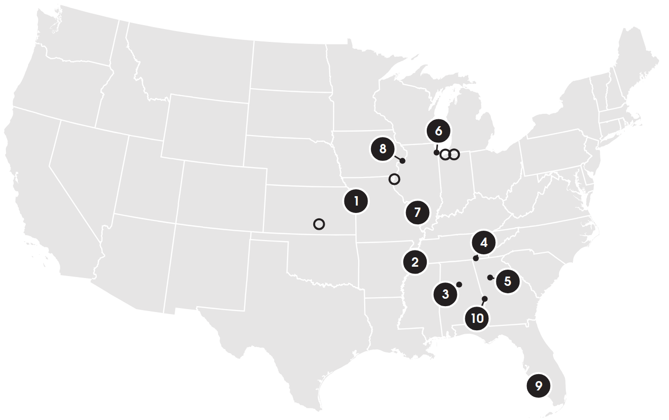 Map of the United States with our 10 markets numbered: 1 Kansas City, 2 Memphis, 3 Birmingham, 4 Chattanooga, 5 Atlanta, 6 Chicago, 7 St. Louis, 8 Quad Cities, 9 Southwest Florida, 10 Columbus